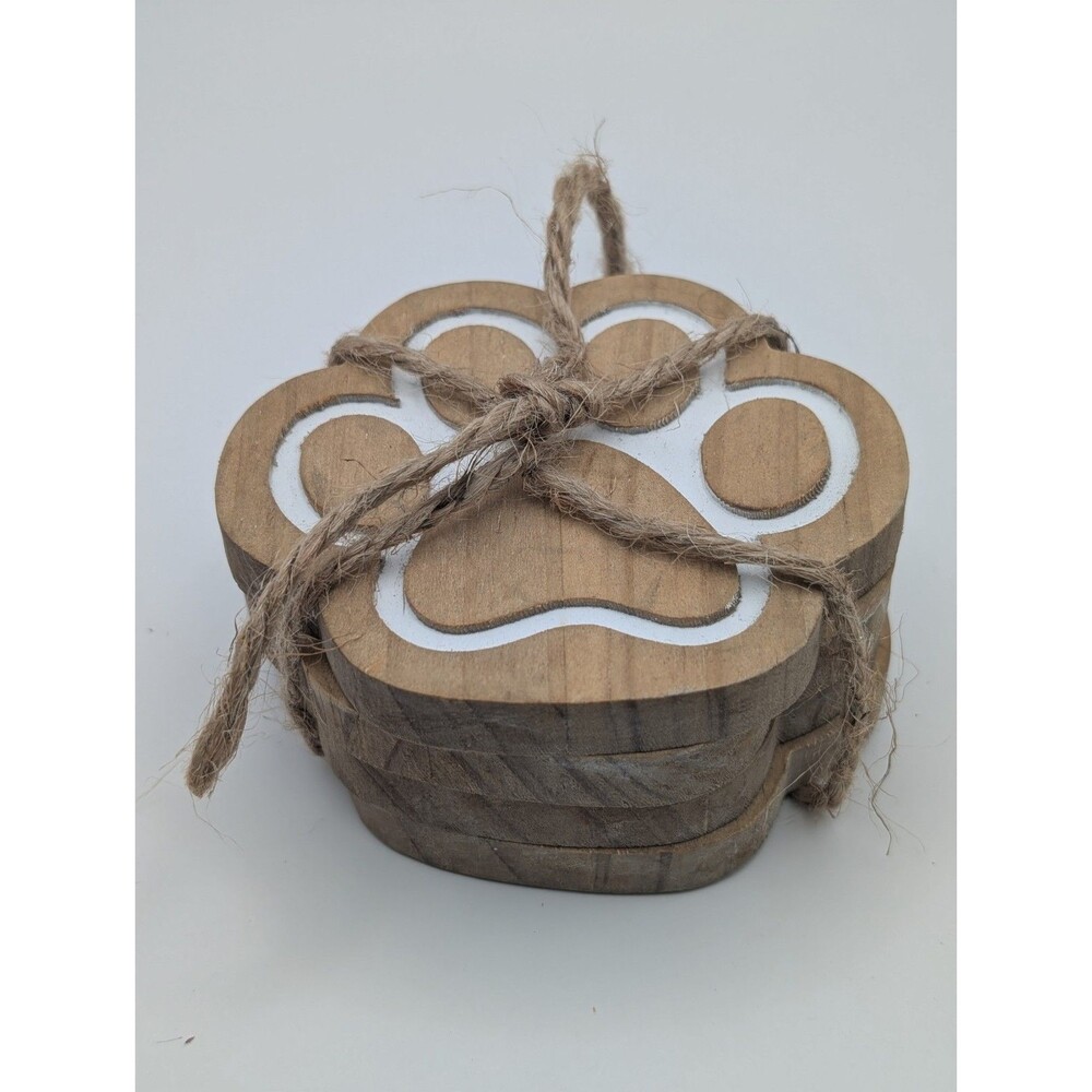 Dog Paw Print Wooden Coasters Set of 4 Wood Drink Mats Pet Lover Gift Rustic